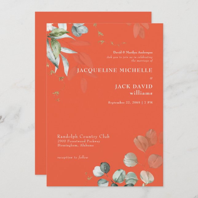 Orange Eucalyptus Elegance Bride Parents Wedding  Invitation (Front/Back)