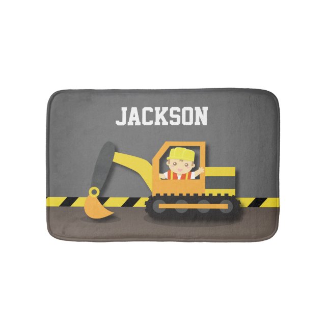 Orange Excavator Construction Boys Room Decor Bath Mat (Front)