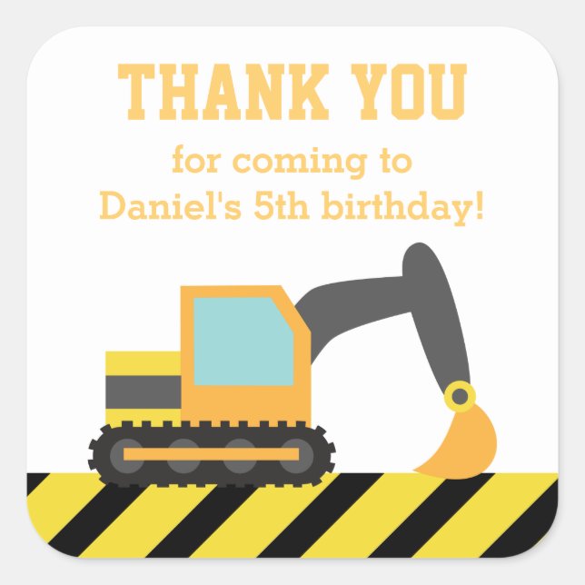Orange Excavator Construction Kids Party Birthday Square Sticker (Front)