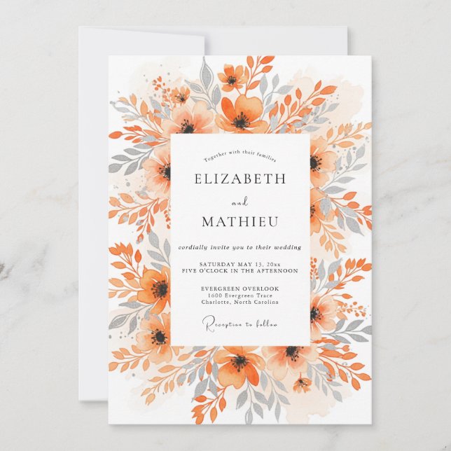 Orange Exquisite Watercolor Wedding Invitation (Front)