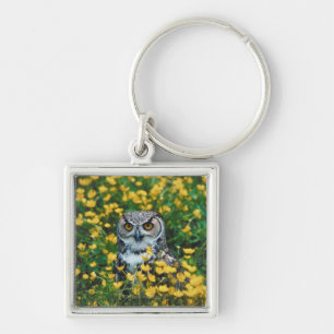 Orange Eyed Owl in Meadow of Flowers Key Ring