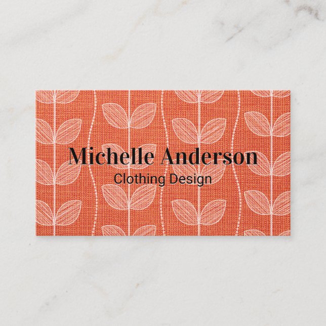 Orange Fabric Material | Plant Doodle Pattern Business Card (Front)