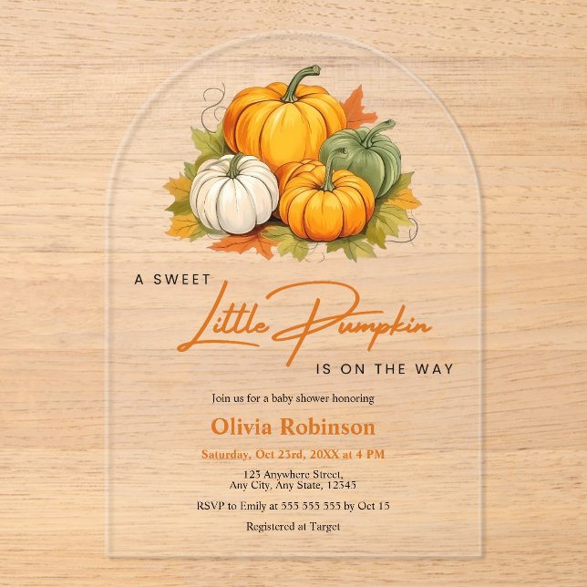 Orange Fall Autumn A Little Pumpkin Baby Shower  Acrylic Invitations (Front)