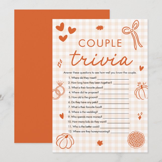 Orange Fall Bow Couple Trivia Bridal Shower Game Invitation (Front/Back)