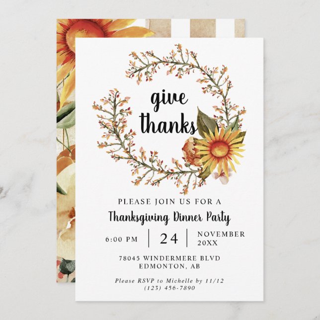 Orange Fall Colours Flowers Thanksgiving Dinner Invitation (Front/Back)