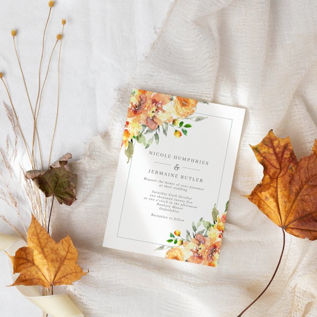 Orange Fall Flowers Border Wedding Invitation (Creator Uploaded)