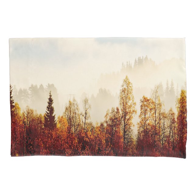 Orange fall forest with morning fog mist pillowcase (Front)