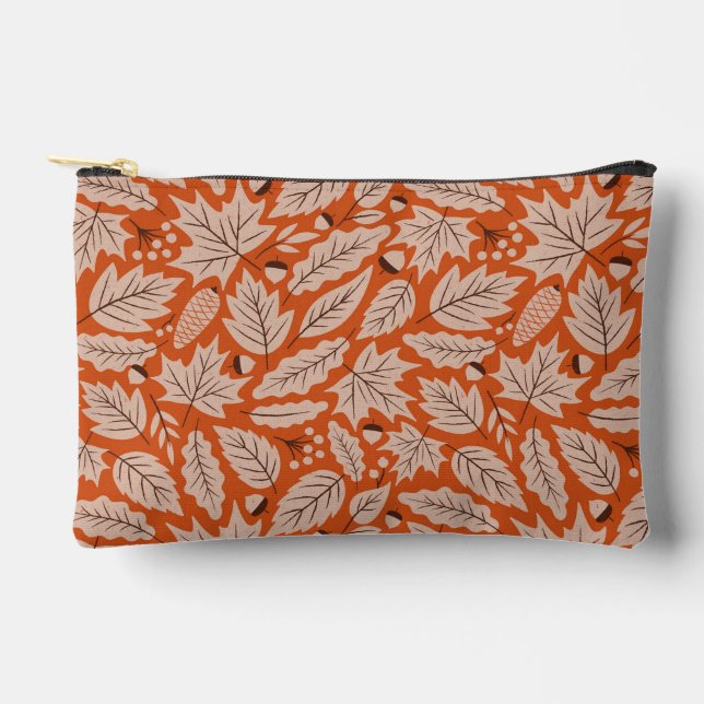Orange Fall Leaves & Acorns Pattern Accessory Pouch (Front)