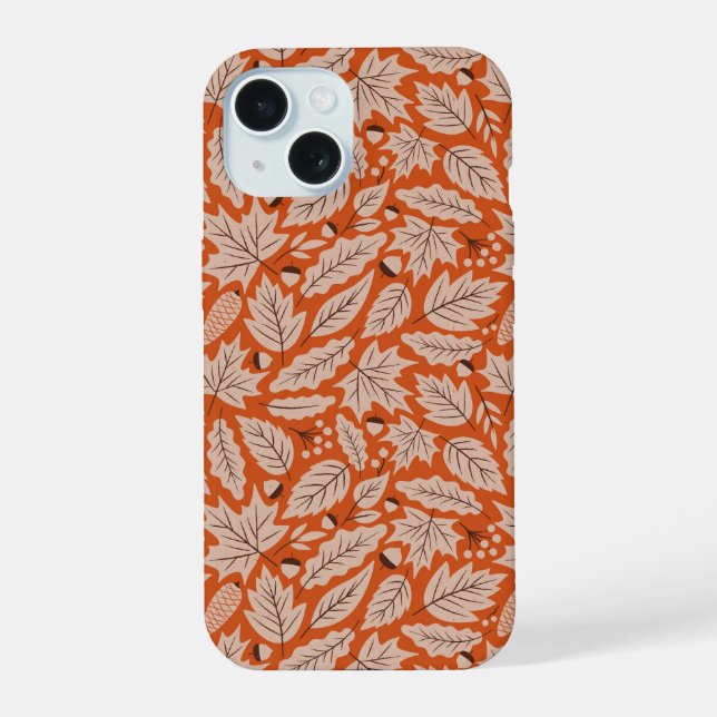 Orange Fall Leaves & Acorns Pattern iPhone 15 Case (Back)