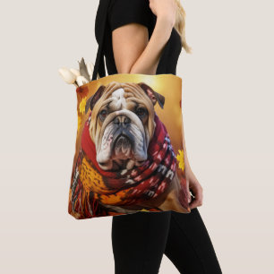 ORANGE FALL LEAVES & BROWN WHITE BULLDOG DOG TOTE BAG