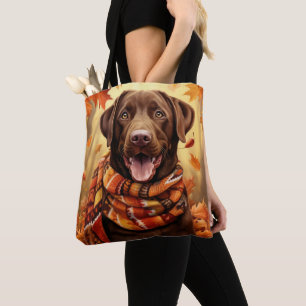 ORANGE FALL LEAVES CHOCOLATE LABRADOR RETRIEVER TOTE BAG