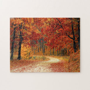 Orange Fall Leaves Country Dirt Road Photo Jigsaw Puzzle