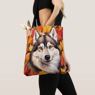 ORANGE FALL LEAVES & SIBERIAN HUSKY DOG TOTE BAG
