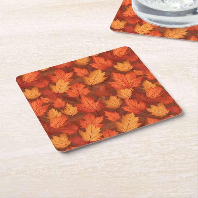 Orange fall leaves square paper coaster (Angled)