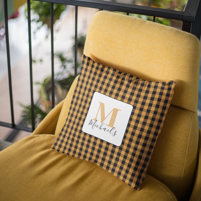 Orange Fall Monogram Buffalo Check Custom Cushion (Orange and black buffalo plaid monogram pillow. )