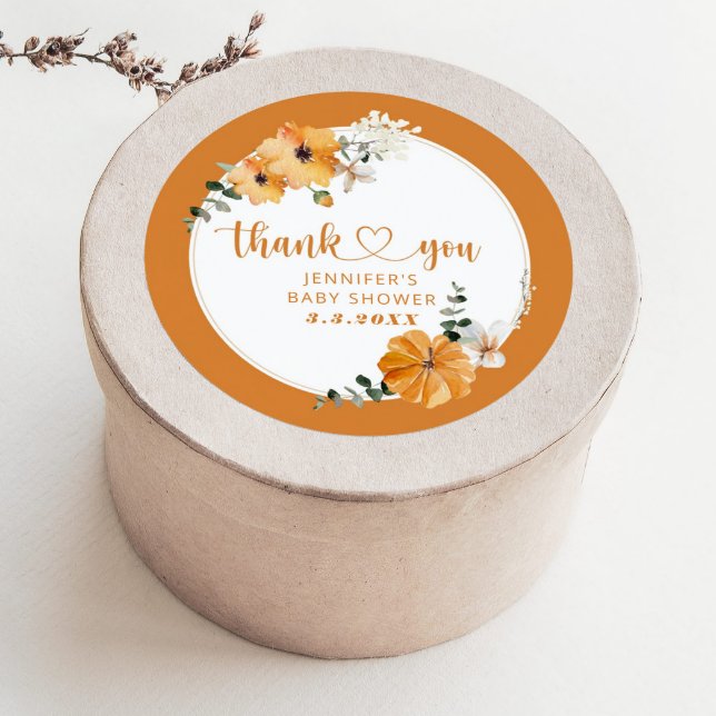 Orange fall pumpkin thank you classic round sticker (Creator Uploaded)