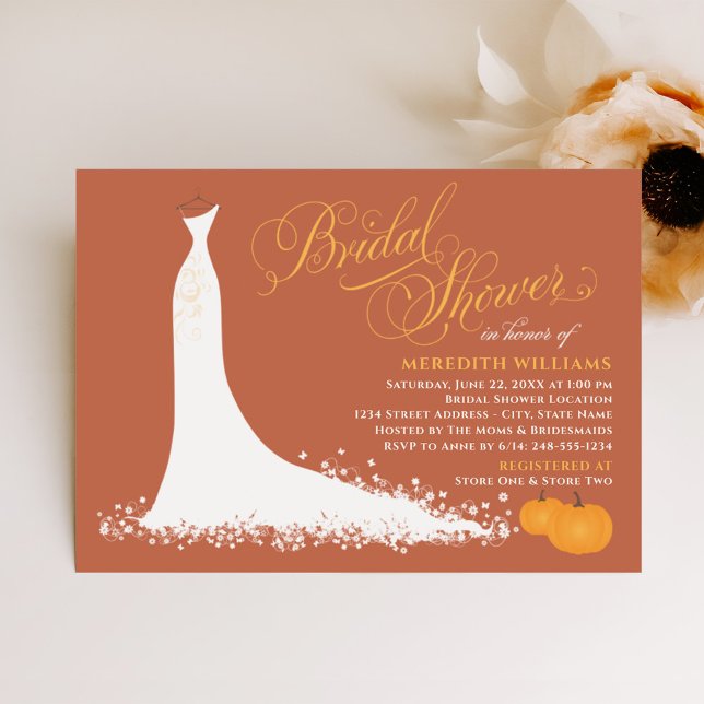 Orange Fall Pumpkins Wedding Gown Bridal Shower Invitation (Creator Uploaded)