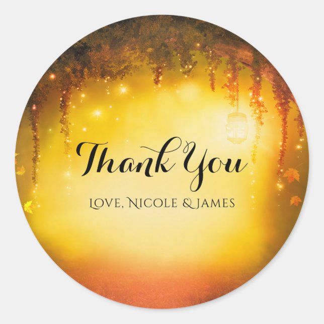 Orange Fall Rustic Enchanted Forest Wedding Favour Classic Round Sticker (Front)