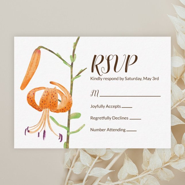 Orange Fall Tiger Lilies Wedding RSVP Card (Orange tiger lily, fall wedding rsvp card)