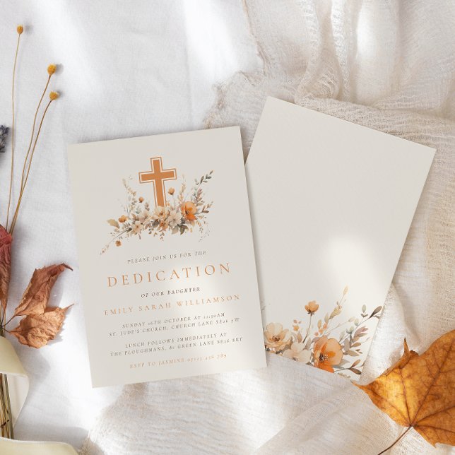 Orange Fall Wildflowers & Cross Baby Dedication Invitation (Creator Uploaded)