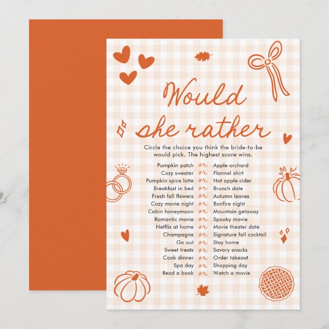 Orange Fall Would She Rather Bridal Shower Game Invitation (Front/Back)