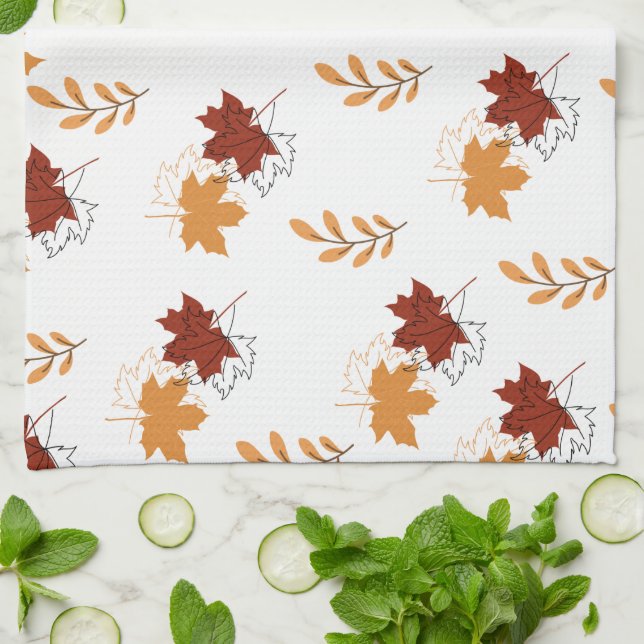 Orange Falling Leaves Pattern Kitchen Towels (Folded)