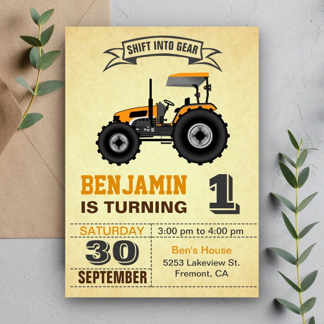 Orange Farm Tractor 1st Birthday Party Invitation (Creator Uploaded)