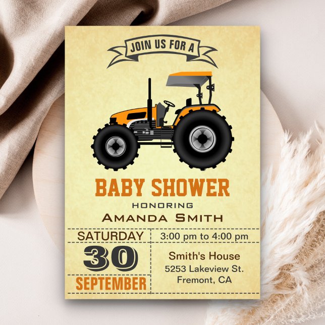 Orange Farm Tractor Baby Shower Invitation (Creator Uploaded)