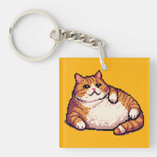 Orange fat cat meme pixel art key ring