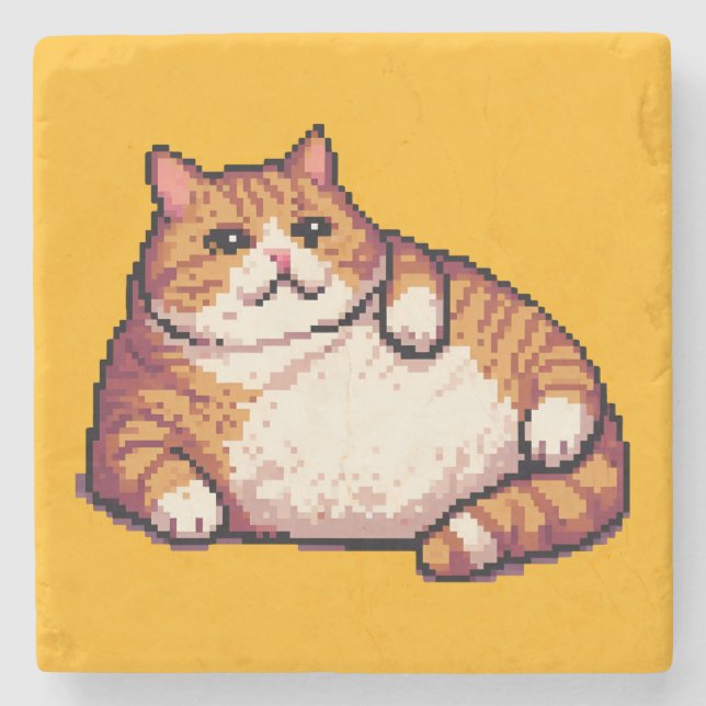 Orange fat cat meme pixel art stone coaster (Front)
