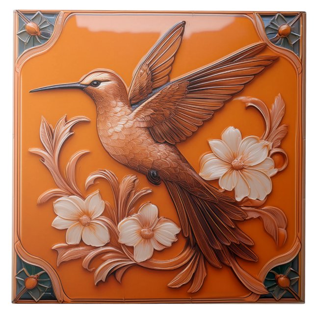 Orange faux relief Art Nouveau Hummingbird L Tile (Front)