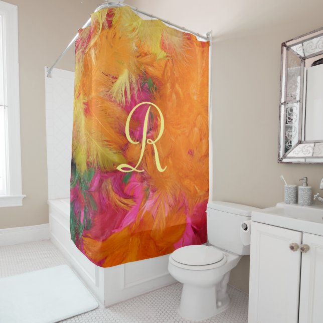 Orange Feathers Shower Curtain Yellow Monogram (In Situ)