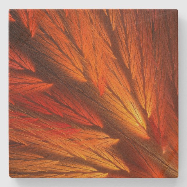 Orange Feathery Fractal Square Stone Coaster (Front)
