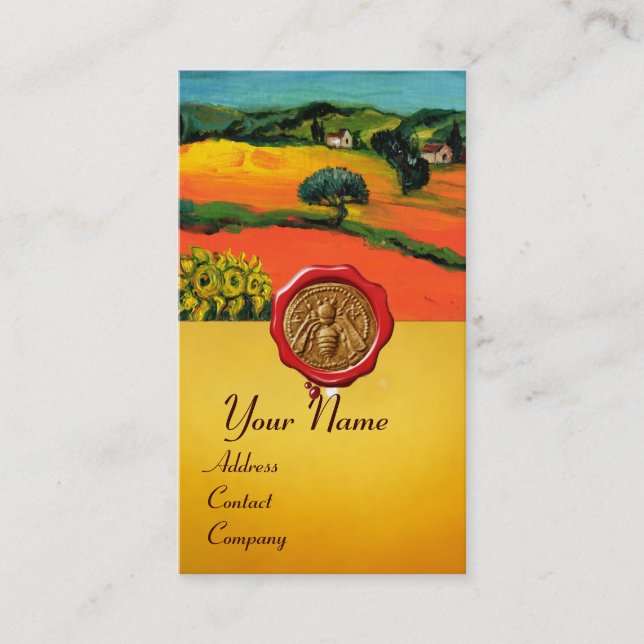 ORANGE FIELDS, HONEY BEE RED WAX SEAL ,BEEKEEPER BUSINESS CARD (Front)