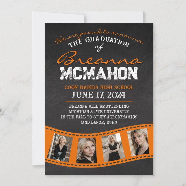 Orange Filmstrip Chalkboard Grad Announcement (Front)