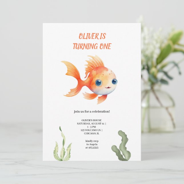 orange fish birthday invitation (Standing Front)