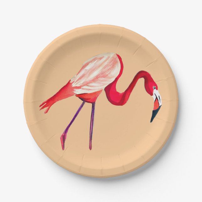 Orange flamingo watercolor bird art paper plate (Front)