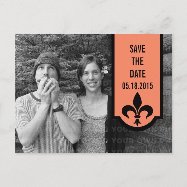 Orange Fleur De Lis Banner Save the Date Postcard (Front)