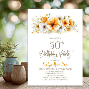 Orange Floral 50th Birthday Party Invitation