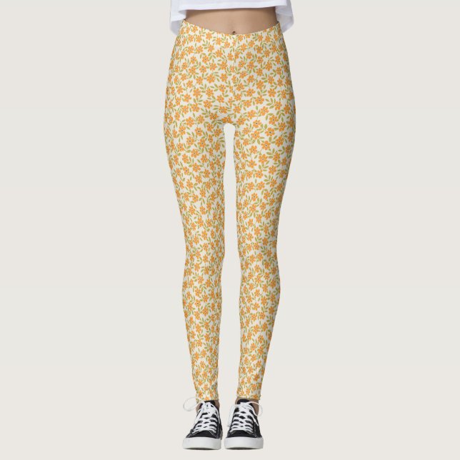 Orange Floral 70s Retro Leggings (Front)