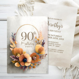 Orange Floral 90th Birthday Party Invitation