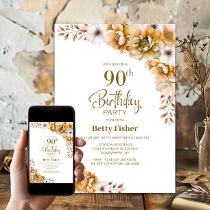 Orange Floral 90th Birthday Party Invitation