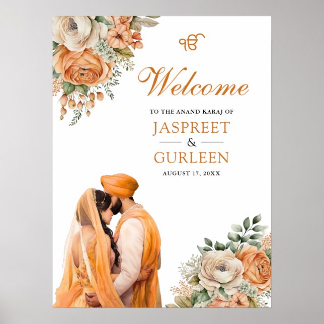 Orange Floral Anand Karaj Wedding Welcome Sign (Front)