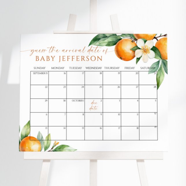 Orange Floral Baby Shower Guess Due Date Calendar Poster (Creator Uploaded)
