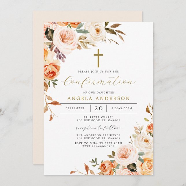 Orange Floral Baptism/Confirmation Invitation (Front/Back)
