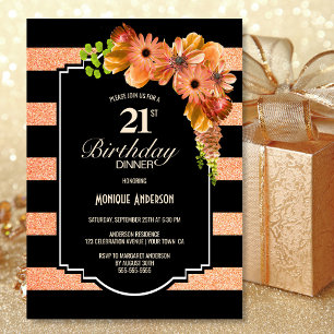 Orange Floral Black Striped 21st Birthday Dinner Invitation