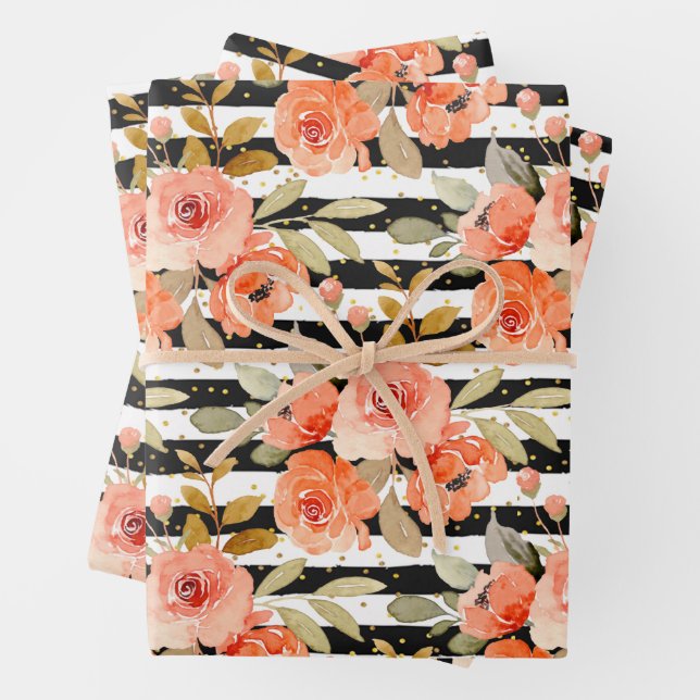 Orange Floral Black White Stripes Dots Wrapping Paper Sheet (In situ)