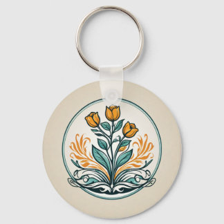 Orange Floral Button Key Ring