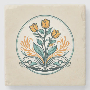 Orange Floral Button Stone Coaster