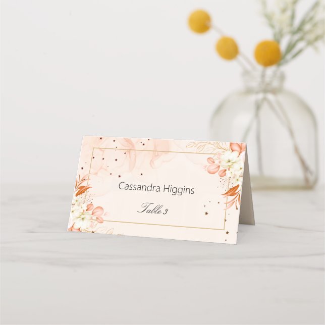 Orange Floral Celestial Wedding Table Seating Place Card (Front)